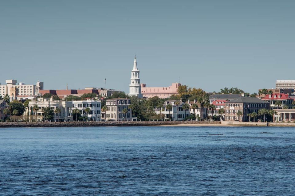 View of Charleston historic waterfront and skyline from the harbor