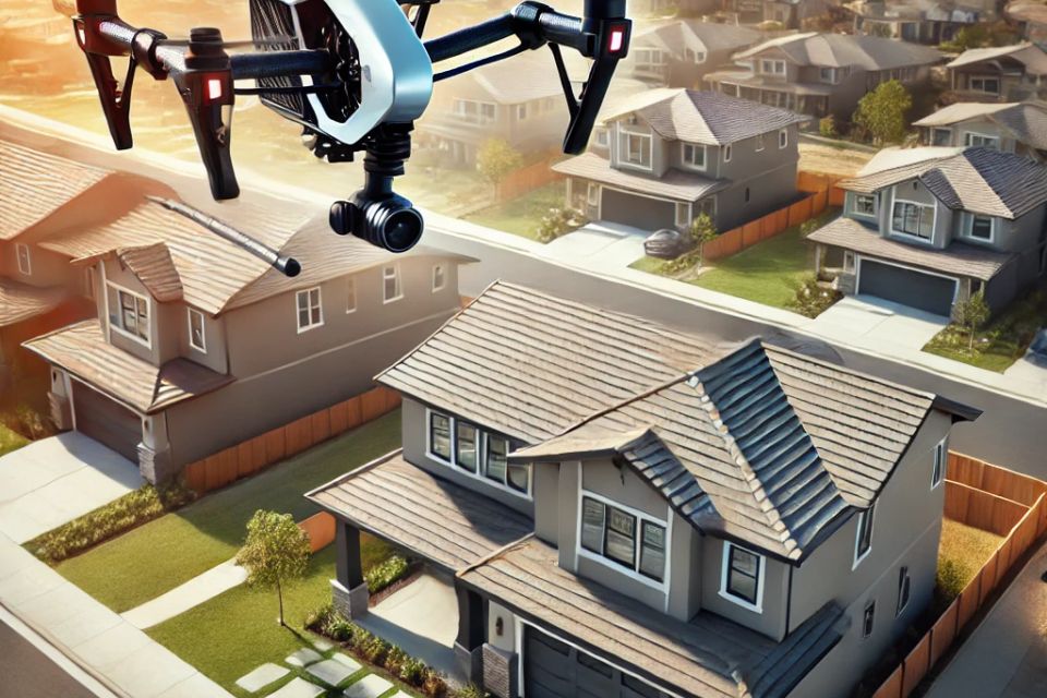 Dall·e 2024 10 06 20.17.15   a professional image of a drone conducting a roof inspection over a modern suburban home in santa maria  california. the drone is flying above the roo