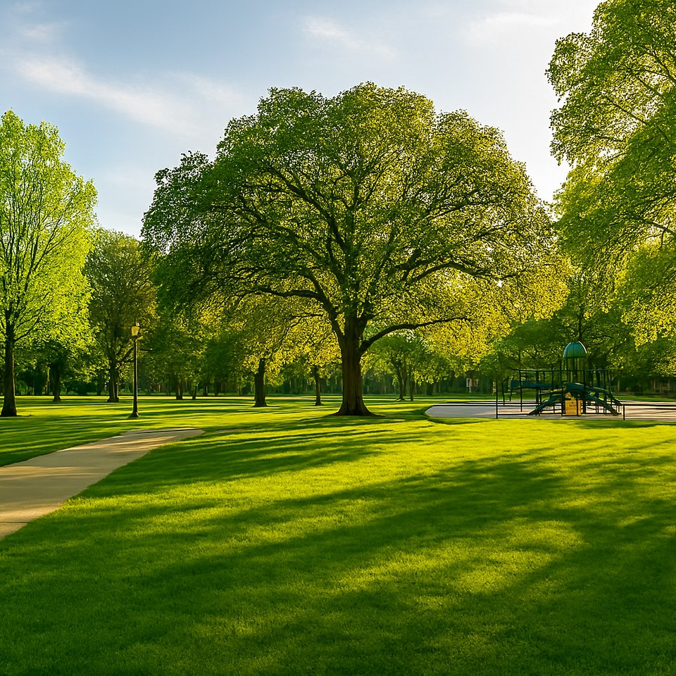 Wide view of a Citrus Heights, CA park with green lawn, mature trees, curved walking path, and playground in warm afternoon light