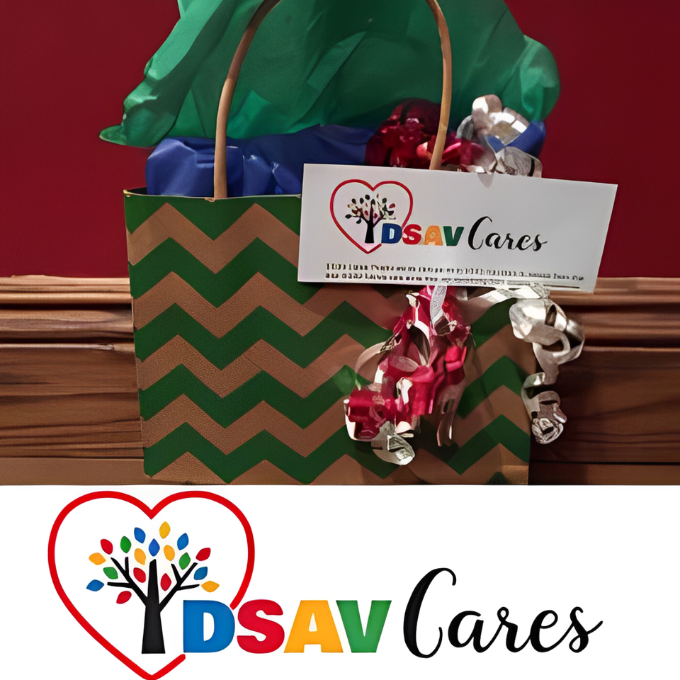 Gift bag prepared through the DSAV Cares program with the organization's logo displayed on the front.