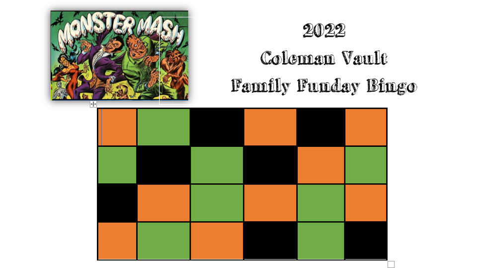 Coleman Vault 2022 Family Funday Bingo card with Monster Mash Logo