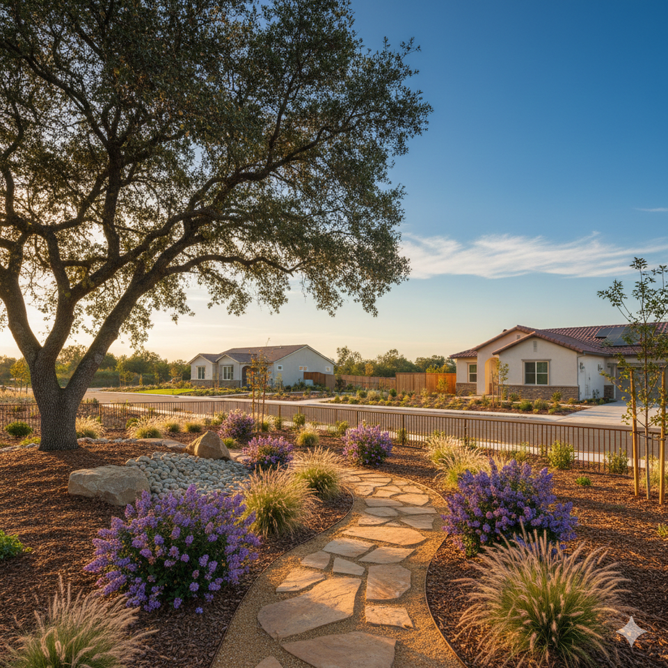 Modern drought-tolerant front yard landscaping in Rancho Cordova, CA, featuring a flagstone walkway, purple lavender, native bunchgrasses, and a large heritage Valley Oak tree under a clear blue sky