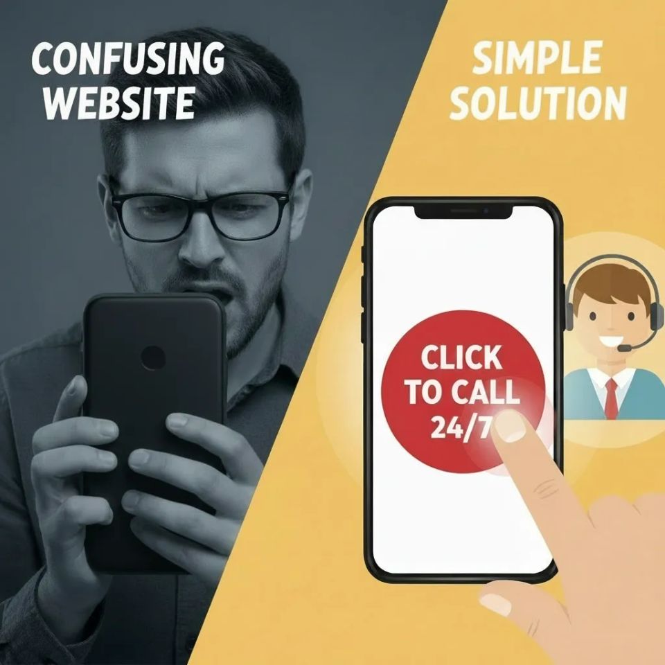 Comparison graphic showing a frustrated user on a confusing site versus a simple click-to-call interface.