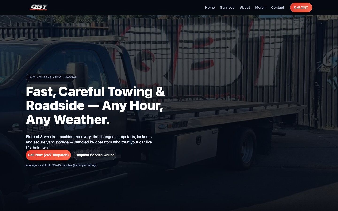 Home page of the QBT Towing and Recovery website we built