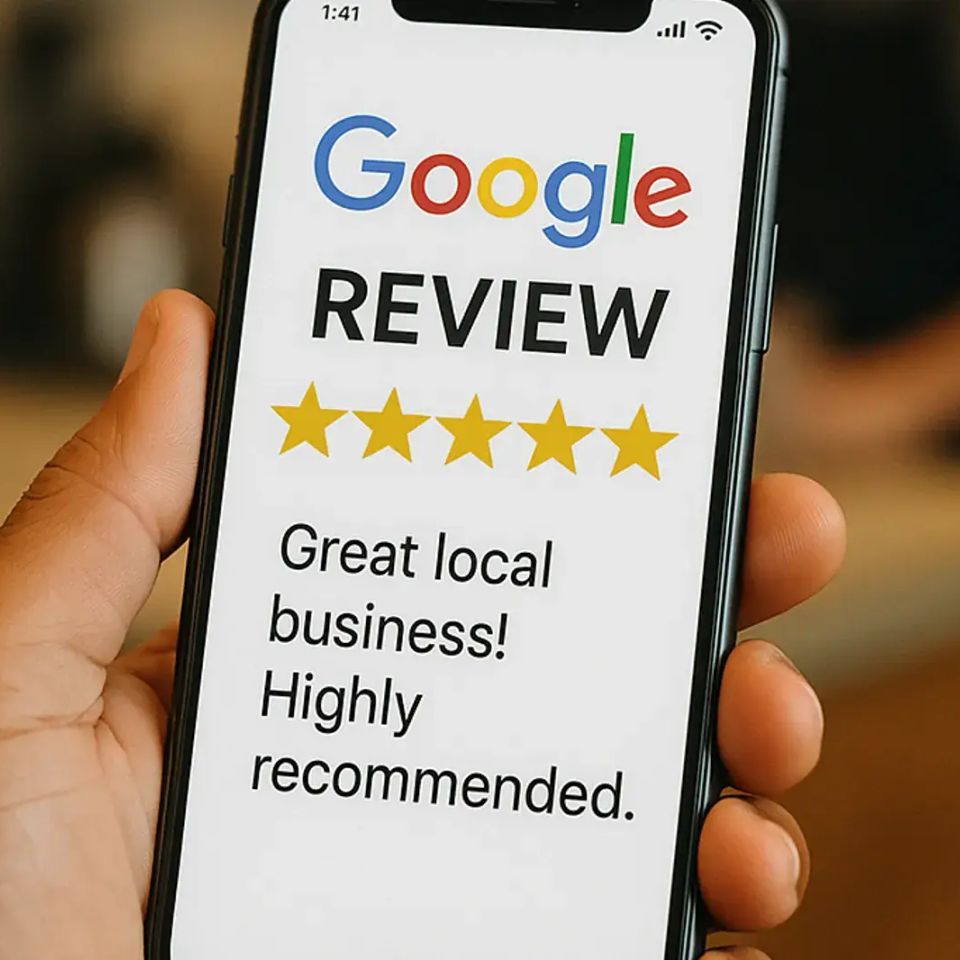 Smartphone screen displaying a 5-star Google review for a great local business to build trust