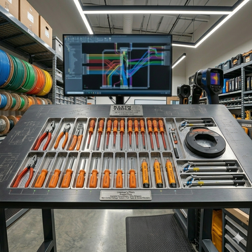 A square overhead shot of a custom tool shadow board featuring Klein insulated screwdrivers, lineman’s pliers, wire strippers, and voltage testers with a CAD electrical schematic in the background.