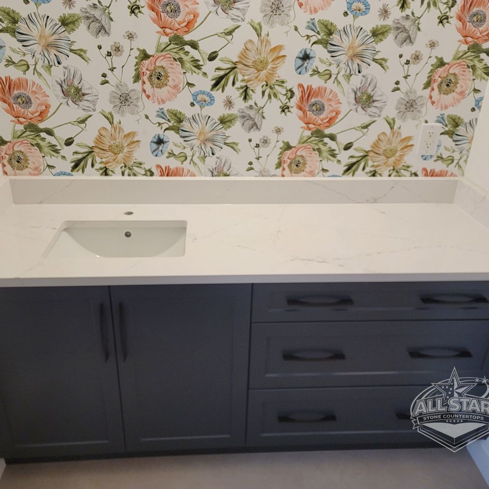 Custom bathroom vanity countertop with floral backsplash installation Houston, TX
