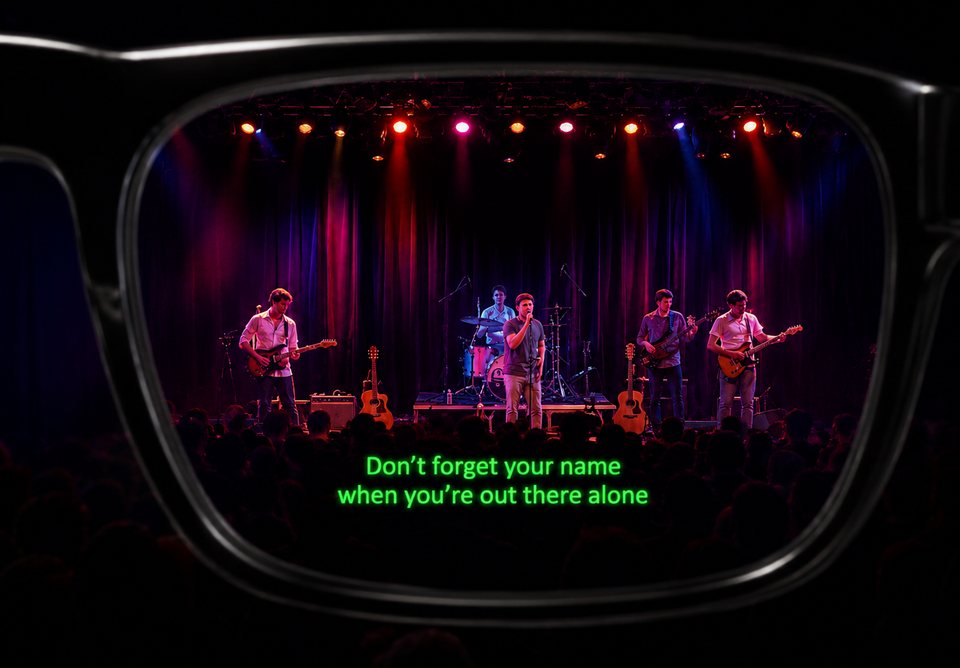 Audience view through ECHOi glasses displaying live captions during a concert.
