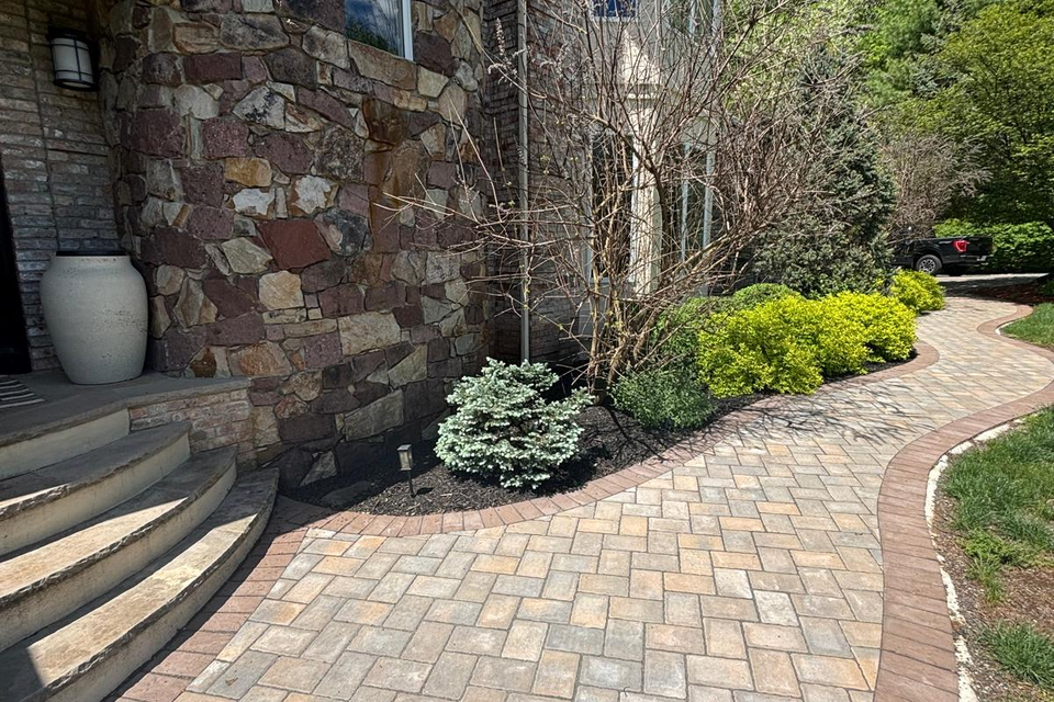 custom masonry walkway in front of home with custom masonry work in Montclair, NJ
