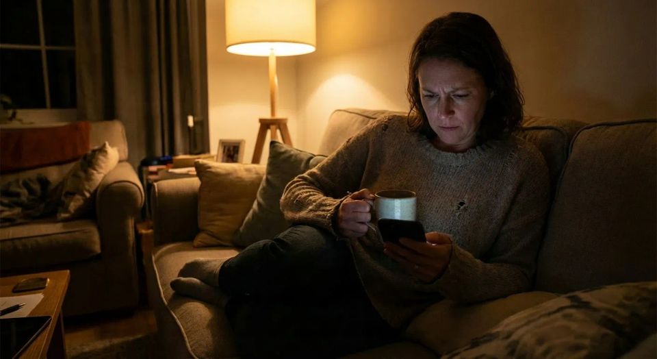 Worried daughter looking at smartphone late at night searching for emergency senior care options and advice.