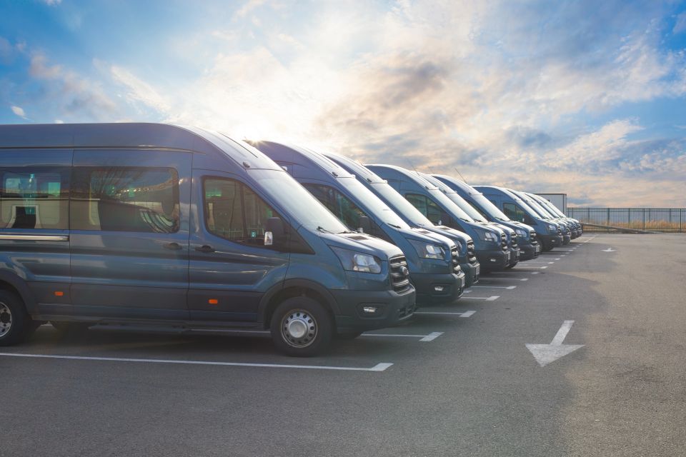 Series of new vans are parked in rows