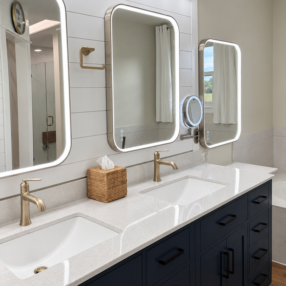 Modern navy double sink bathroom vanity