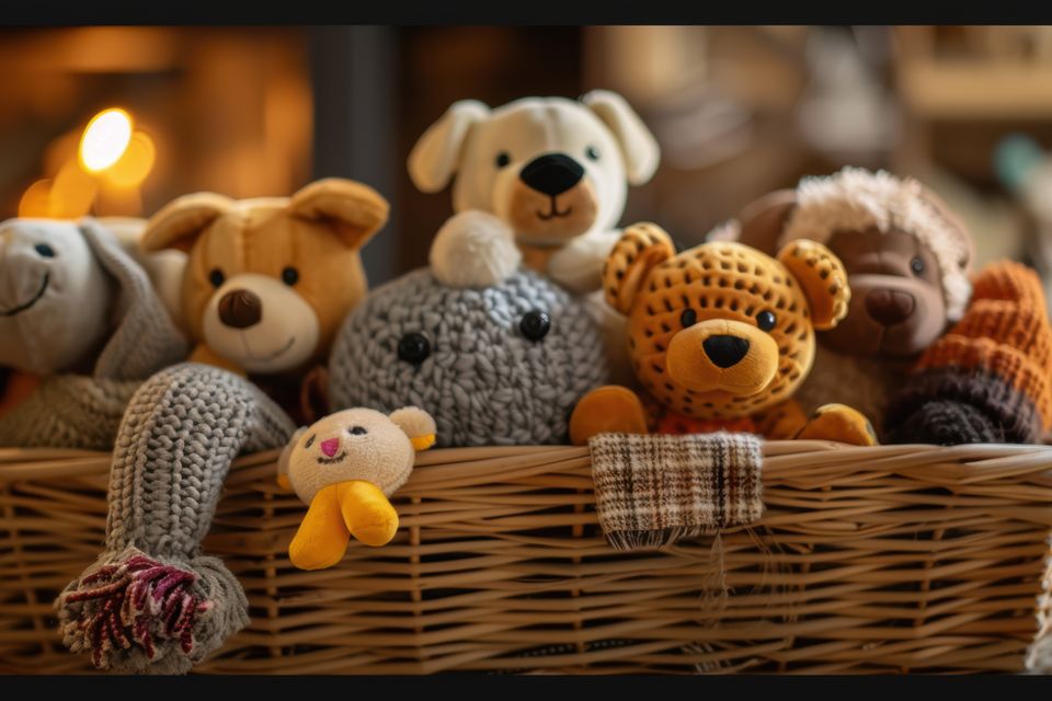Cozy basket assorted cuddly stuffed animals crochet toys