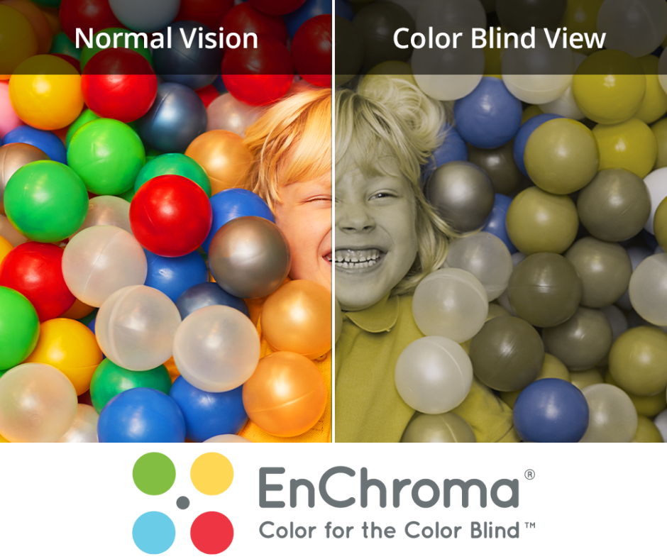 A photo of a child in a ball pit - on the left is normal vision with multiple colors and on the right is the color blind view. The EnChroma Color for the Color Blind logo is across the bottom.