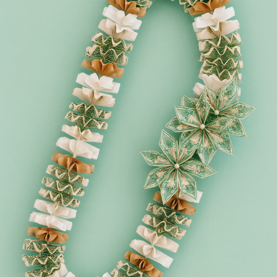 Hawaiian money lei made of folded dollar bills  tan and white paper flowers  arranged in a u shape against a soft teal background