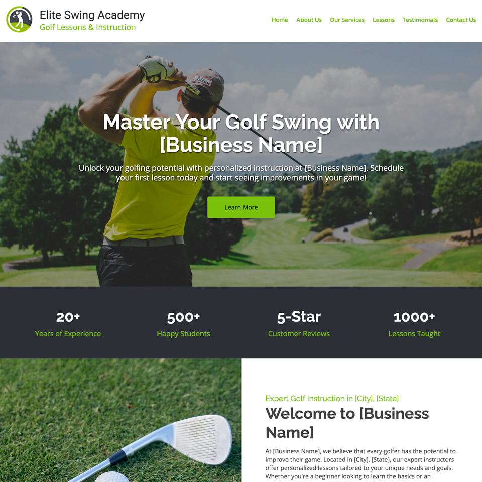 Golf instructor website design theme