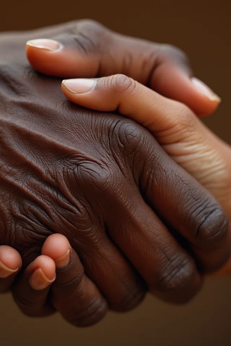A close up photo of two hands clasped together
