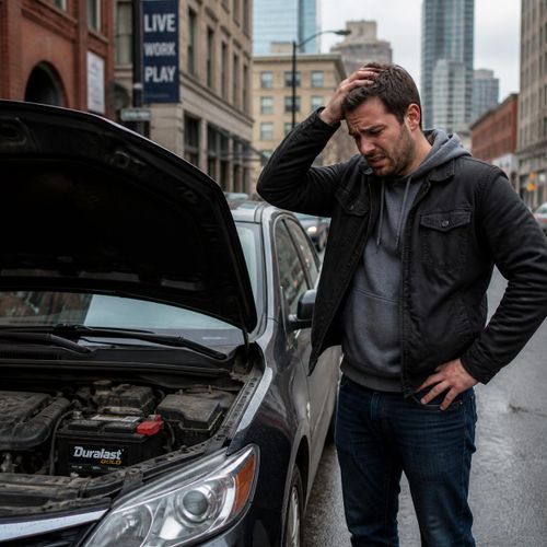 Person standing near a car with a dead battery in the city
