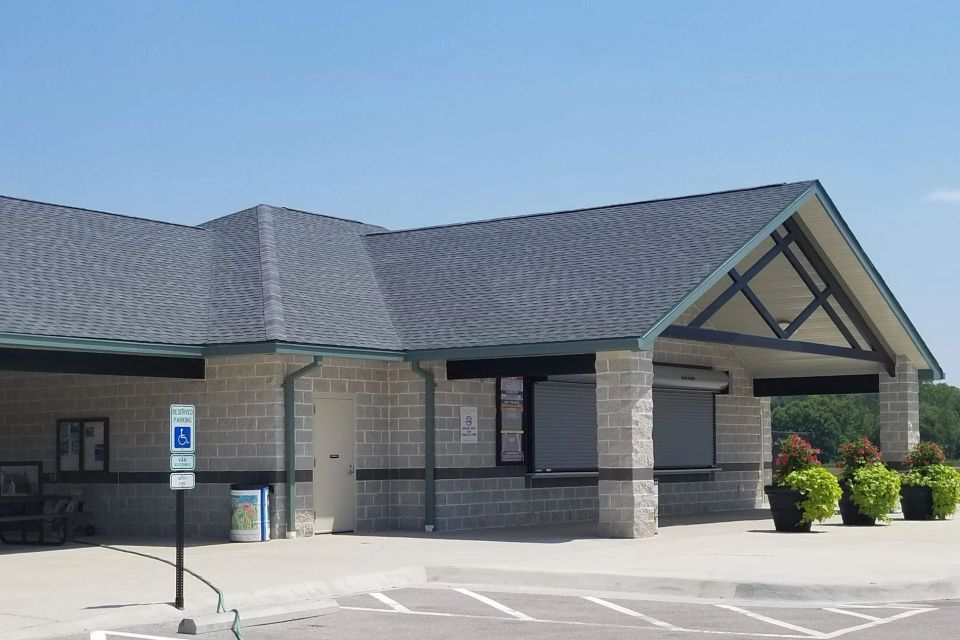 Masonry building ivory and charcoal 
