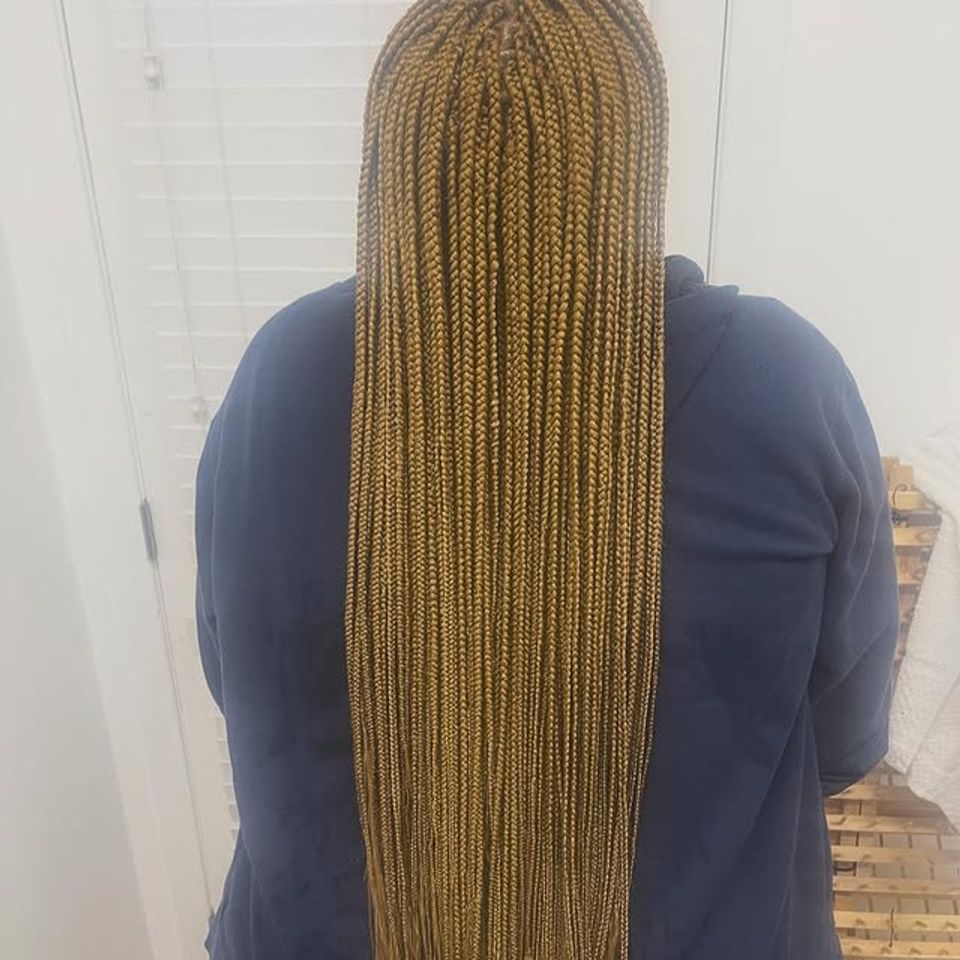 Long honey blonde knotless box braids after a braiding service in Los Angeles CA