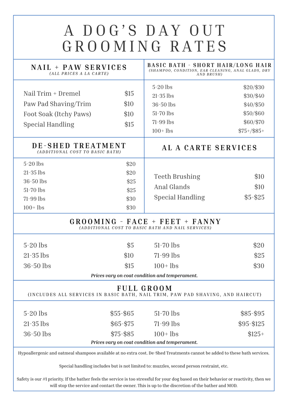 A dog's day out grooming prices 2026
