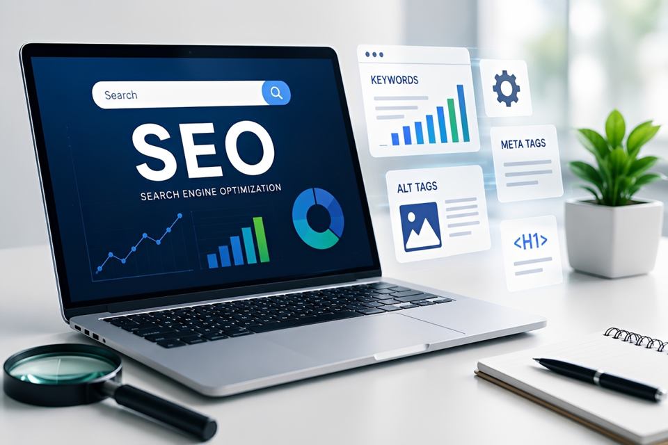 Laptop displaying SEO analytics, keyword optimization, meta tags, ALT tags, and search engine optimization tools for improving website visibility and search rankings.
