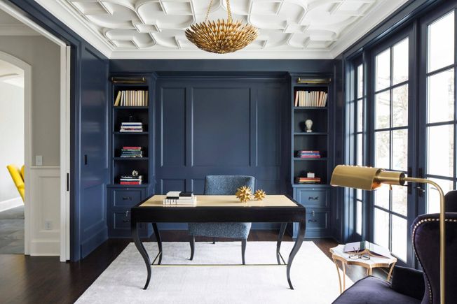 Transitional home office with benjamin moore hale navy hc 154 wall and trim paint color 1600x1067