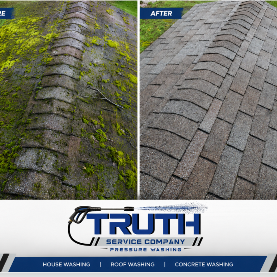 Before and after view of a shingled roof with buildup and discoloration removed.