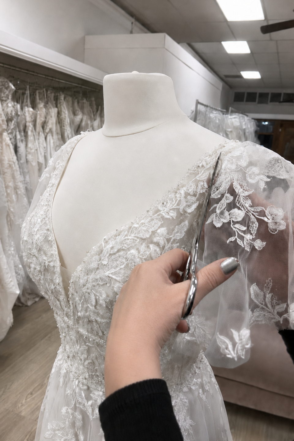 Expert seamstress performing custom wedding dress alterations and precise tailoring in Roseville and Lincoln area