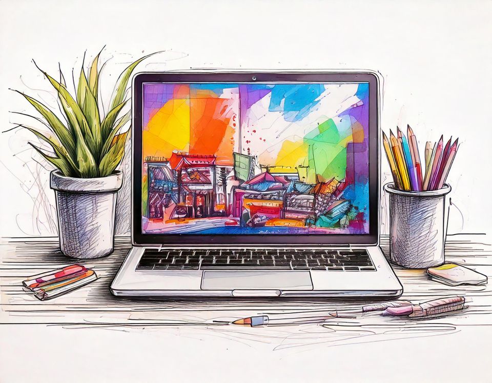 Firefly generate an image of a laptop open to a beautiful website and the room is a white background