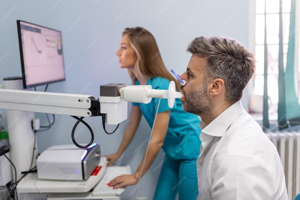 Man performing pulmonary function test spirometry using spirometer medical clinic spirometry lungs 1212 11336