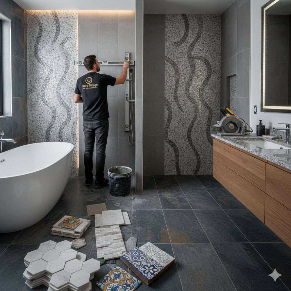 Expert tile contractor from LuXe Design Tile and Granite inc. using a professional level to install a custom mosaic shower wall in a luxury bathroom renovation.