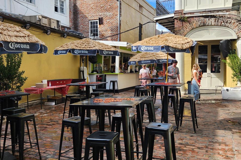 The courtyard at the Swamp on Bourbon setup for a shrimp boil event.