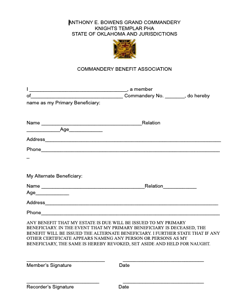 Commandery aeb benefits association form 2026