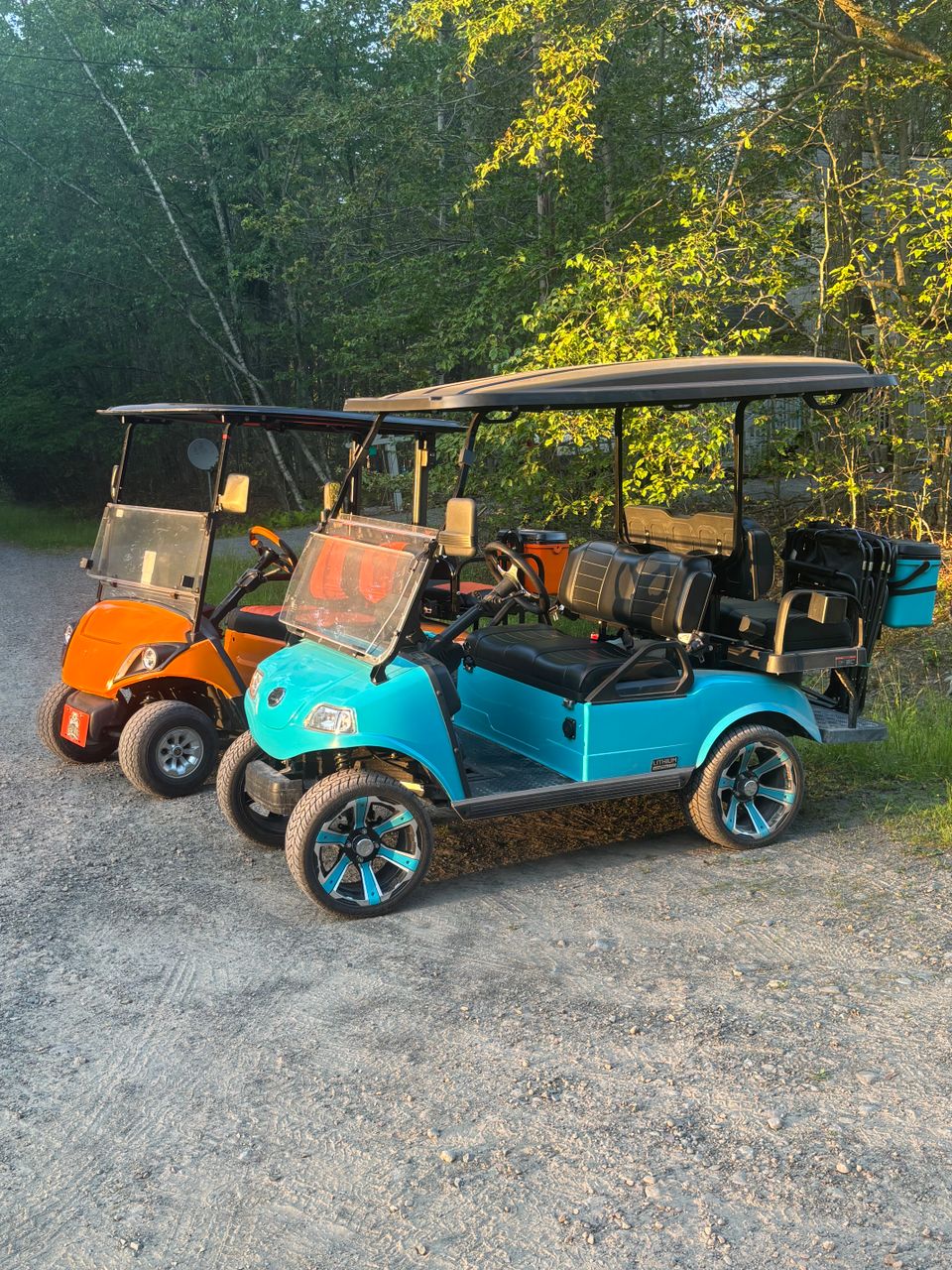 Blue and orange golf cart rentals from Mad Dog Golf Cart Rentals in Locust Lake PA