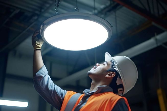 Medium vecteezy electrician installing led lighting fixture in industrial 57503992 medium