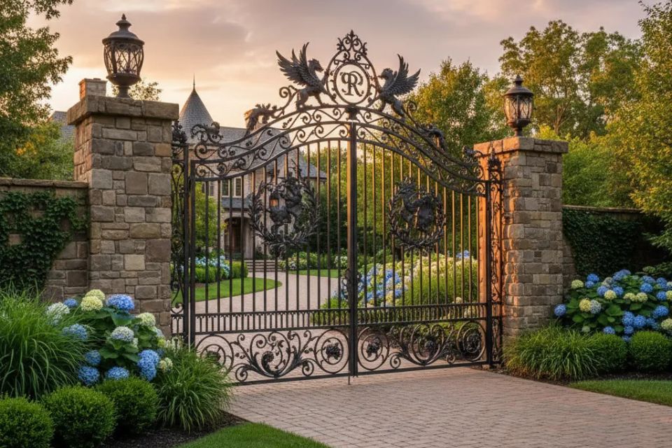 Custom ornamental wrought iron driveway gate with stone pillars for luxury estate entrance