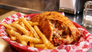 Chicago style pizza puff with fries