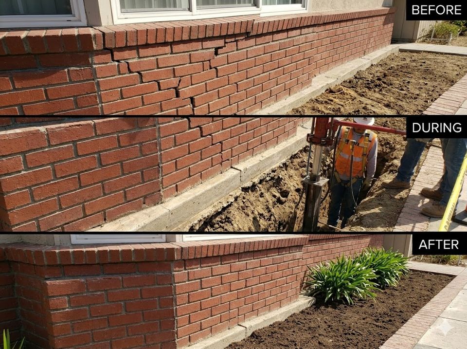 Before during and after foundation repair project showing excavation, structural repairs, and completed landscape restoration