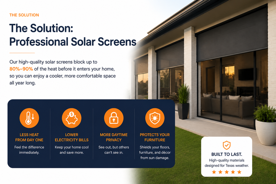 The Solution: Professional Solar Screens Our solar screens block up to 80%–90% of the heat before it enters your home. Benefits: ✅ Less heat from day one ✅ Lower electricity bills ✅ More daytime privacy ✅ Protects furniture from sun damage