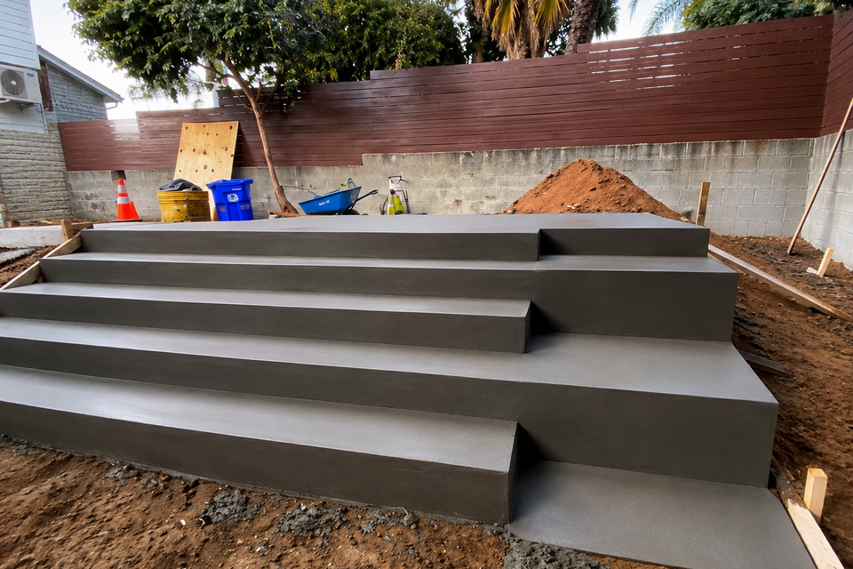 Finished custom concrete steps with smooth gray finish for a residential backyard project.