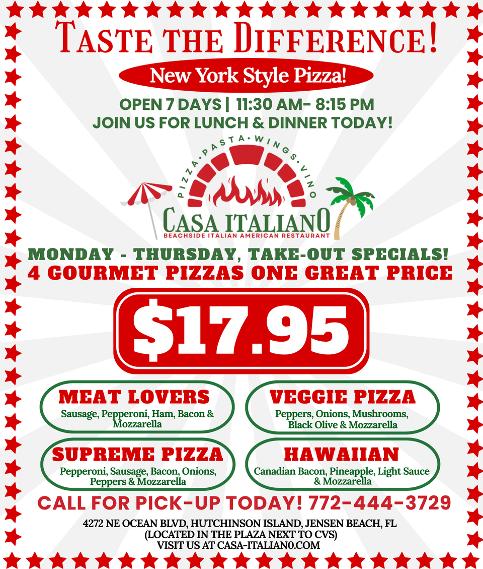 Casa italiano  17.95 gourmet pizza special   updated 5 29 25