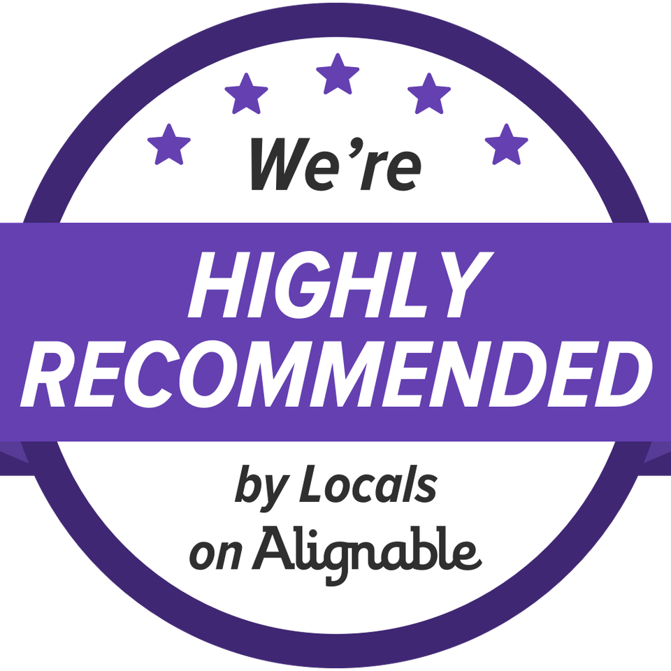 Purple and white badge with five stars reads: "We're HIGHLY RECOMMENDED by Locals on Alignable." Conveying trust and community approval.