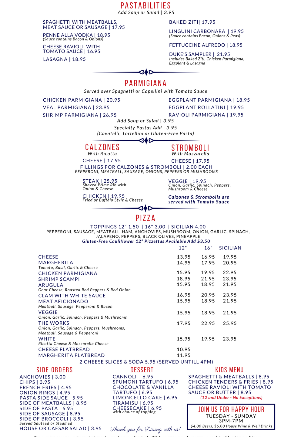 Duke's place menu back