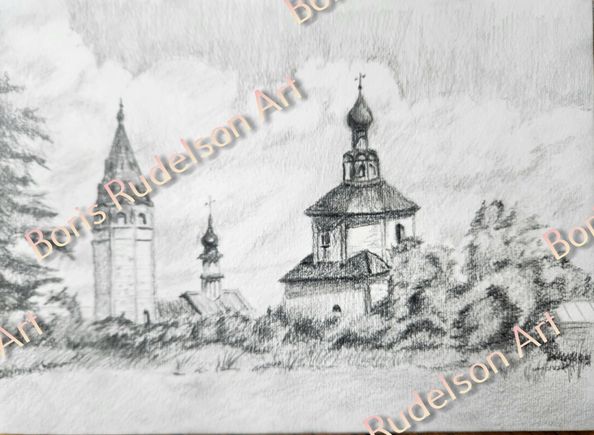 Pencil. Landscape with Churches