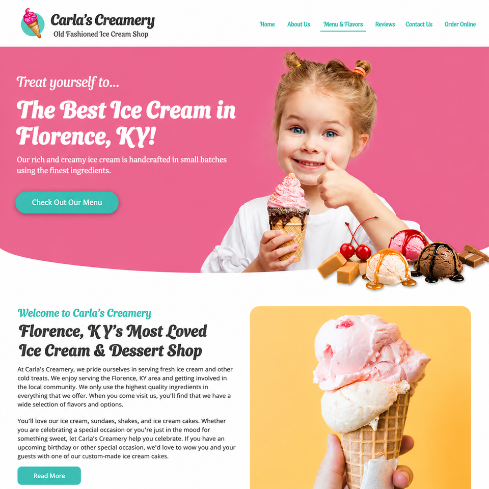 Promotional webpage for Carla's Creamery, showcasing a pink and yellow design with text about their handcrafted ice cream, a button linking to the menu, and images of ice cream cones with multiple scoops.
