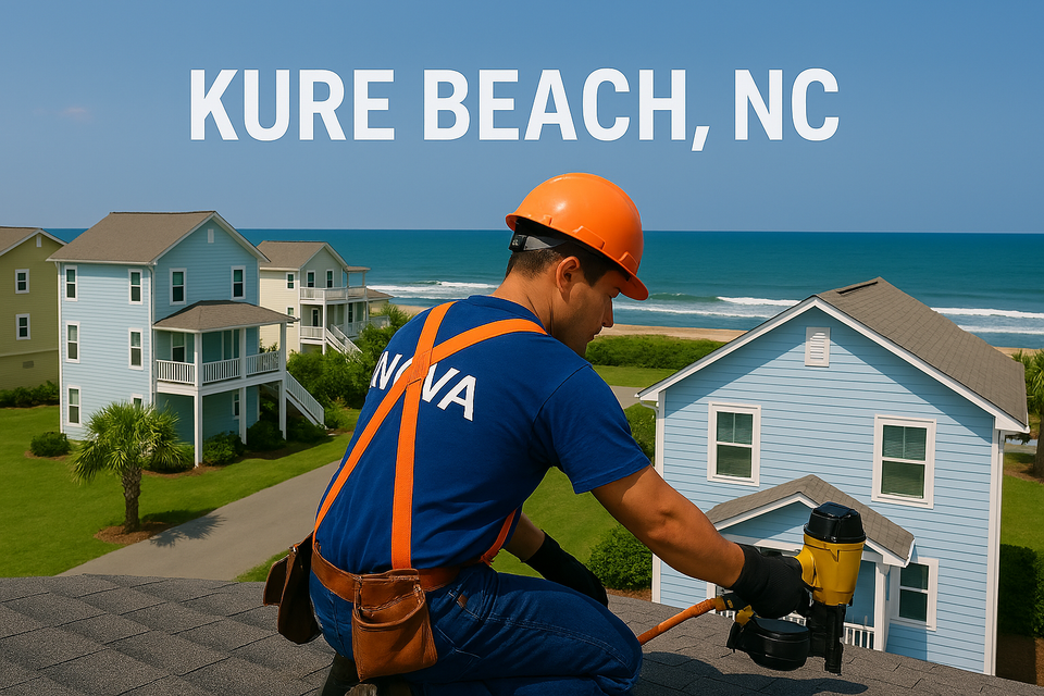 Nova Roofing employee working on Kure Beach roof with ocean and pastel coastal homes in background