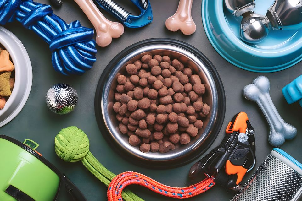 Assortment colorful pet supplies wooden tabletop