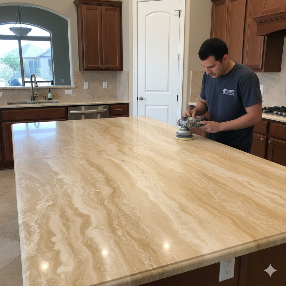 Professional stone specialist performing a dust-free restoration on a large vein-cut travertine kitchen island, using a handheld diamond polisher to achieve a high-clarity satin finish.