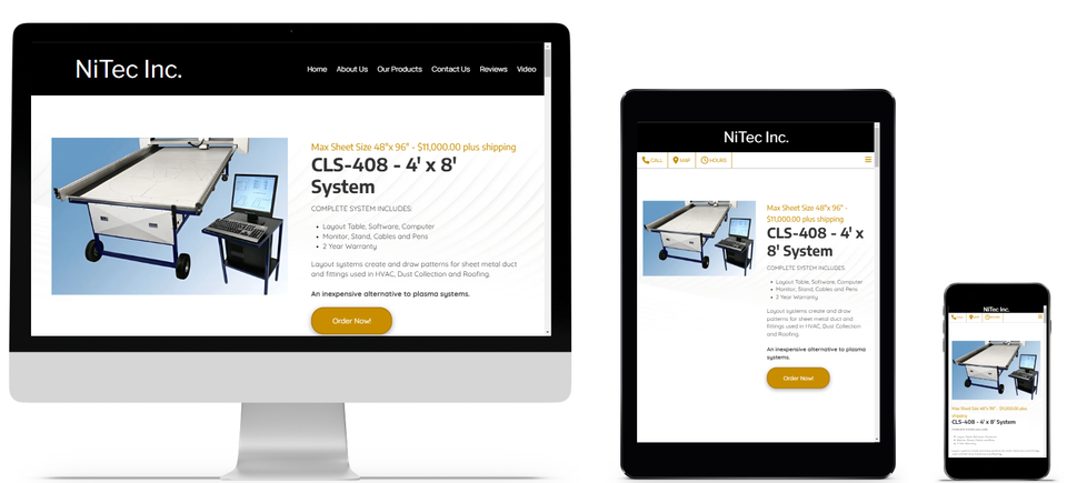 NiTec Inc. website in Hagerstown Maryland showing CLS-408 4x8 sheet metal cutting system with pricing, specs, and order option across all device types.